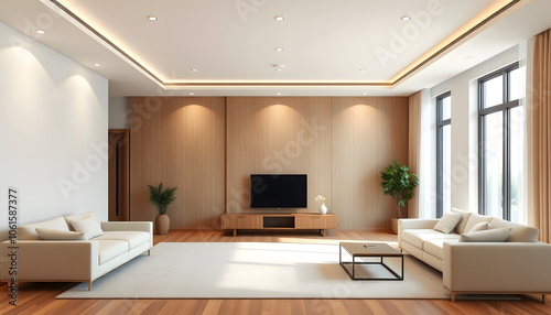 Modern interior design of apartment, empty living room with beige wall, panorama isolated with white shades, png