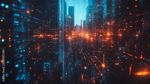 Smart digital city with connection cyber security network reciprocity over the cityscape . future smart wireless digital city and social media networking systems that connects people within the city