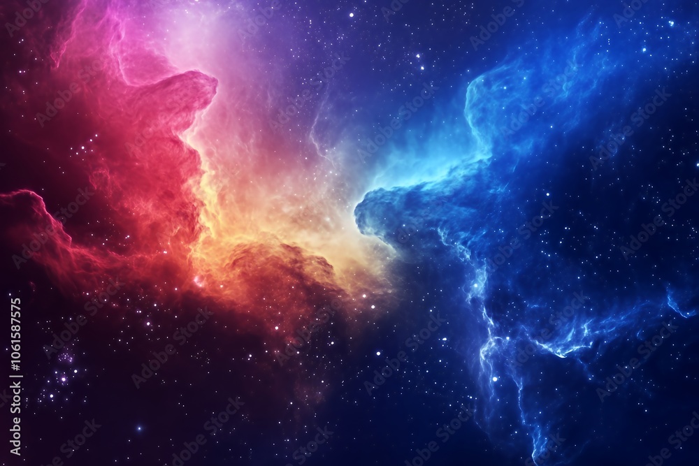 Fototapeta premium A vibrant nebula with red and blue clouds against a backdrop of stars.