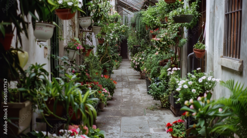 Lush alleyway brimming with diverse potted plants, creating a sanctuary of vibrant greens and blooms, transforming urban space into a hidden garden retreat. Lush alleyway brimming with diverse potted plants, creating a sanctuary of vibrant greens and blooms, transforming urban space into a hidden garden retreat.