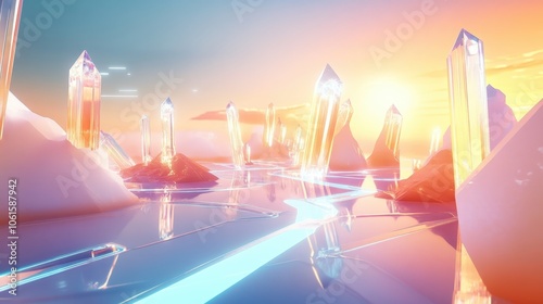 A futuristic landscape with glowing crystals, a blue neon path and a bright sunset.