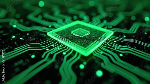 Close-up of illuminated green microchip on circuit board	