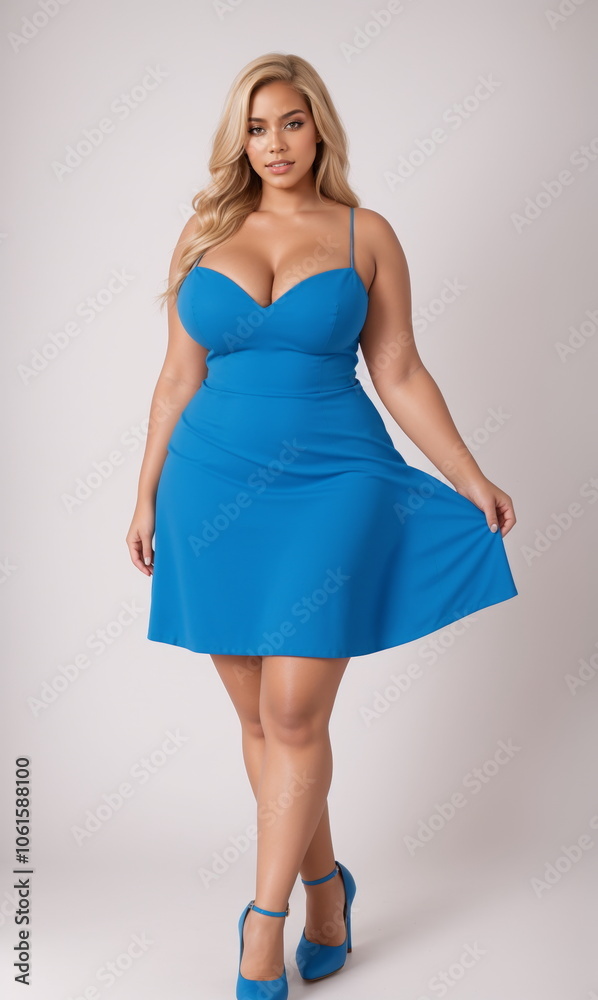 Fototapeta premium A curvy woman stands confidently, wearing a fitted blue dress that highlights her figure. Her hair is styled softly, and she's poised against a light backdrop, exuding elegance and charm
