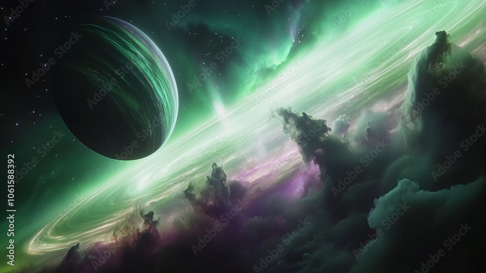 Obraz premium A dazzling aurora over a gas giant, with vivid greens and purples rippling across the atmosphere, framed by distant galaxies. cosmic beauty and planetary wonders, evoking awe and intrigue