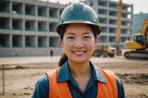 Close portrait of a smiling 40s North Korean woman construction worker looking at the camera, North Korean outdoors construction site blurred background photo