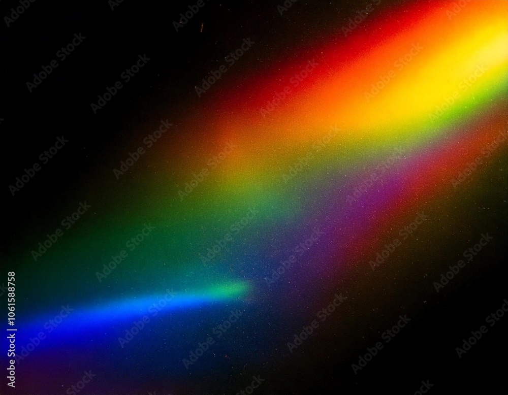 Obraz premium Colorful, scratched light leaks in a blurred rainbow pattern on a black backdrop, designed to add a nostalgic, analog vibe to images