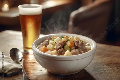 Close-up of Hochepot with pork, beef, and root vegetables in a white bowl, no liquid. A spoon and glass of beer on a wooden table. A blurred Flemish tavern adds warmth photo