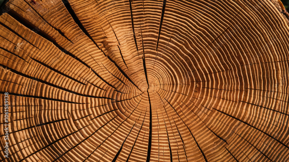 Fototapeta premium Close-up of a circular tree stump showcasing intricate growth rings and a warm, natural wood color.