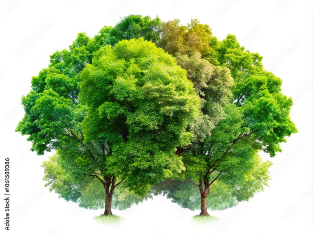 Green trees in double exposure with vibrant summer foliage, beautifully isolated on a white background, perfect for both print and web applications. Green trees in double exposure with vibrant summer foliage, beautifully isolated on a white background, perfect for both print and web applications.