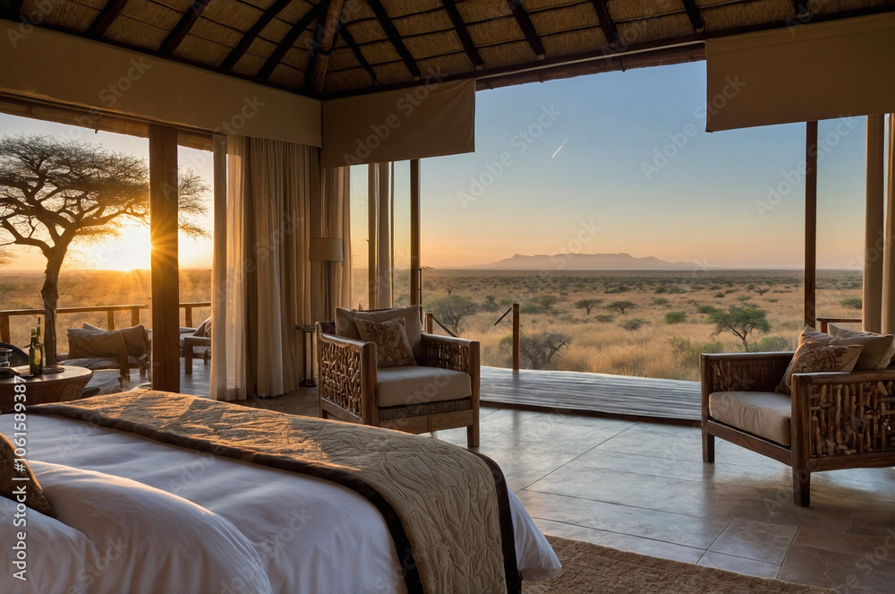 Fototapeta premium Elegant bedroom in a luxury safari lodge, featuring plush bedding, natural decor, and a private terrace