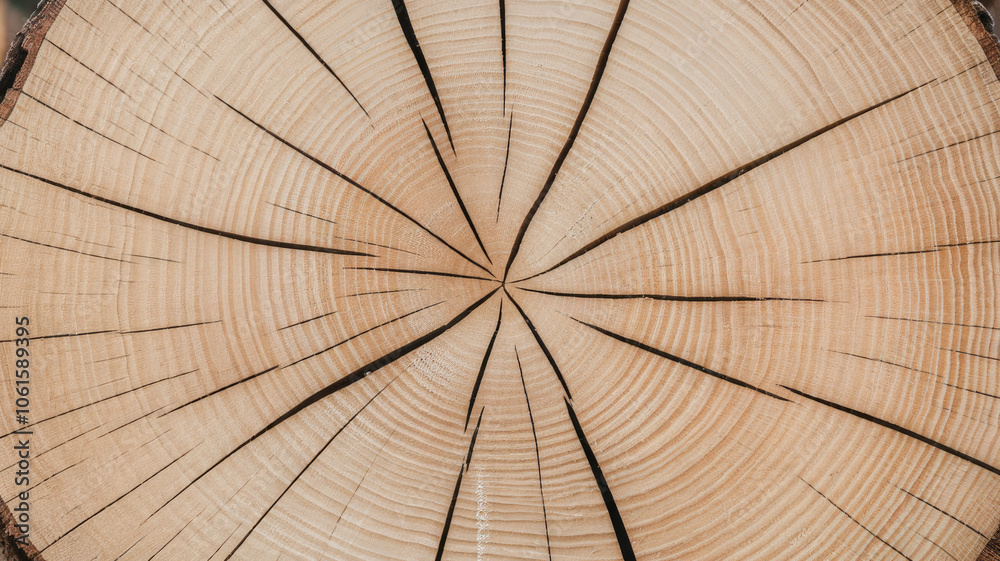 Obraz premium A close-up view of a beautifully textured cross-section of a fresh tree stump, showcasing intricate growth rings and natural patterns.