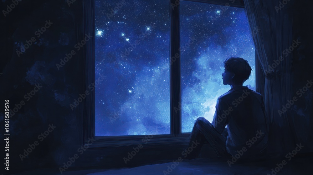 A solitary figure sitting by a window, gazing up at a starry night sky. The soft glow of the stars reflects in their eyes, capturing a moment A solitary figure sitting by a window, gazing up at a starry night sky. The soft glow of the stars reflects in their eyes, capturing a moment