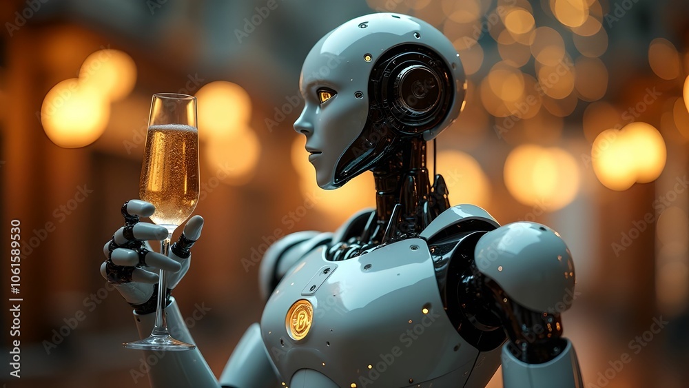 Robot holds glass of champagne while celebrating 2025 against festive background Robot holds glass of champagne while celebrating 2025 against festive background
