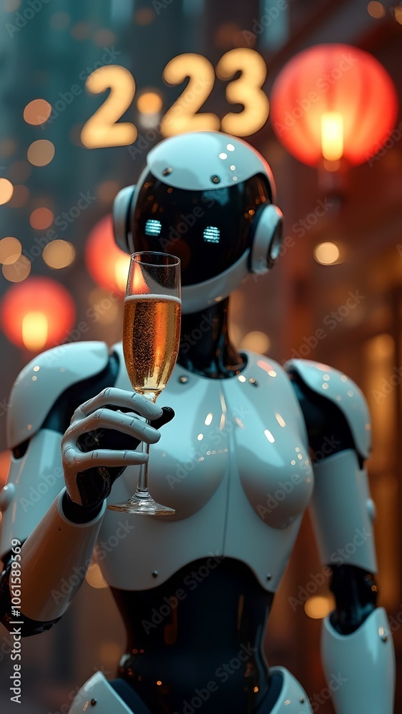 Robot holds glass of champagne while celebrating 2025 against festive background Robot holds glass of champagne while celebrating 2025 against festive background