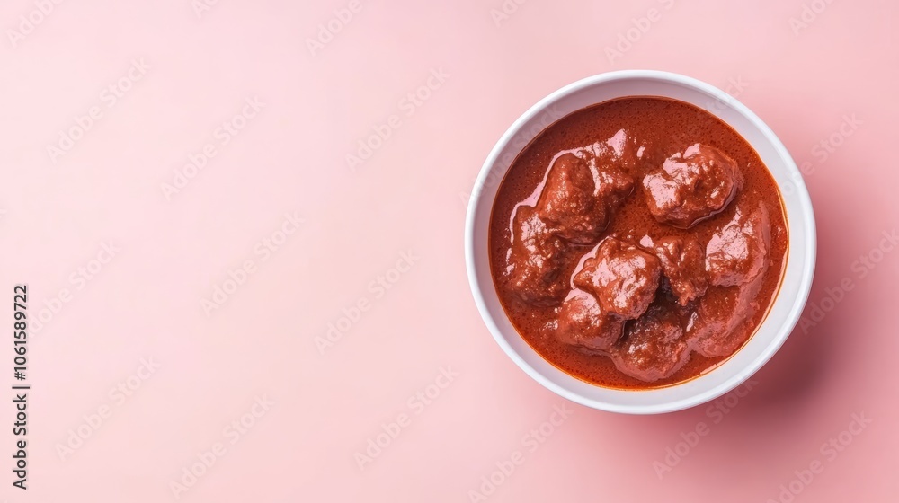 A white bowl of delicious Indian curry on a pink background. A white bowl of delicious Indian curry on a pink background.