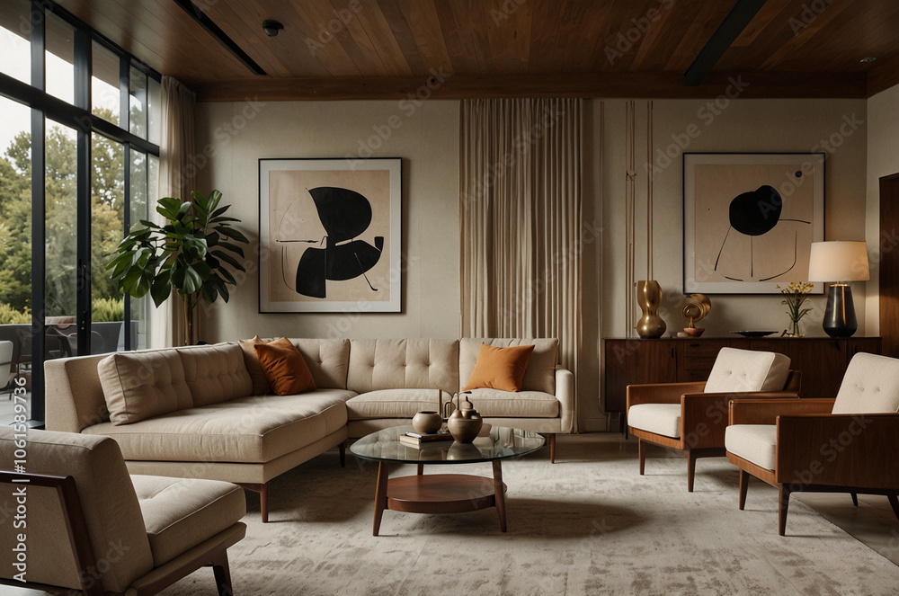 A mid-century modern inspired living room with clean lines and earthy hues