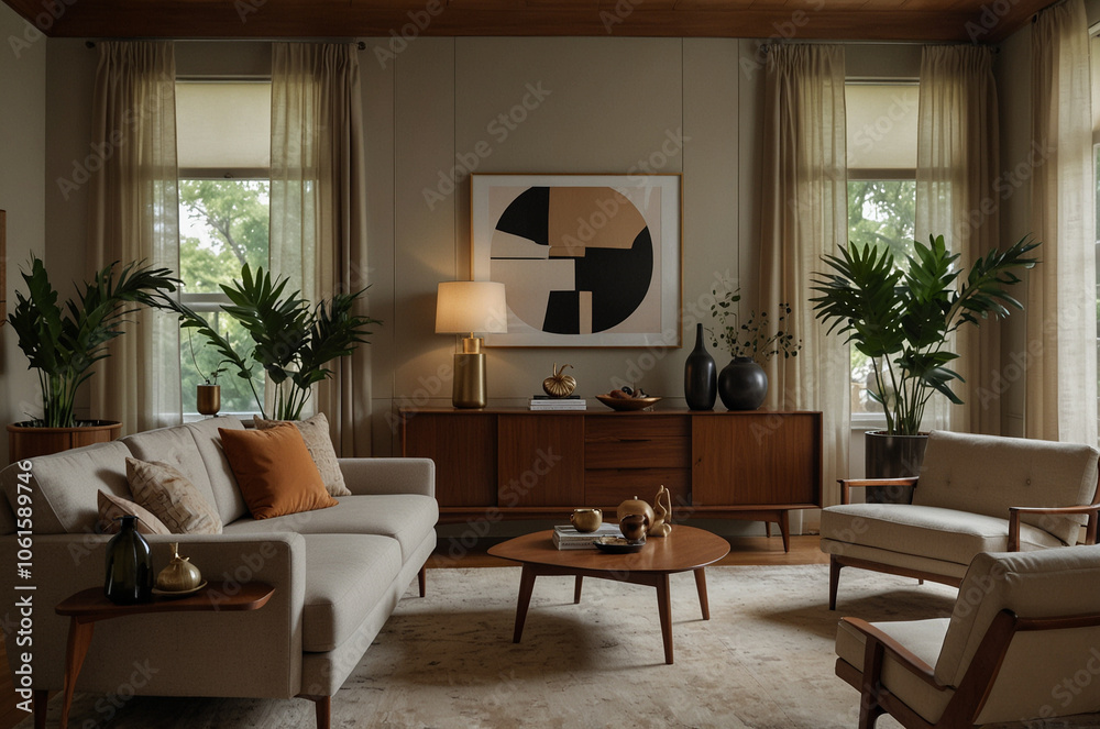 A mid-century modern inspired living room with clean lines and earthy hues A mid-century modern inspired living room with clean lines and earthy hues