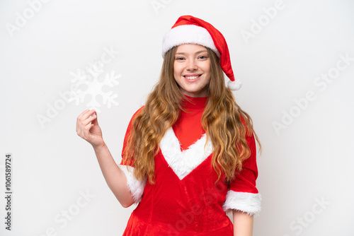 Young caucasian woman with Christmas dress holding snowflake isolated on white background smiling a lot