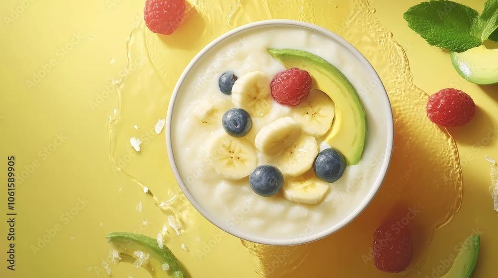A white bowl of yogurt with banana, blueberries, raspberries, and avocado slices on a bright yellow background. A white bowl of yogurt with banana, blueberries, raspberries, and avocado slices on a bright yellow background.