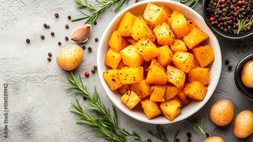 Wallpaper Mural A white bowl of roasted potatoes with rosemary, garlic, and peppercorns. Torontodigital.ca