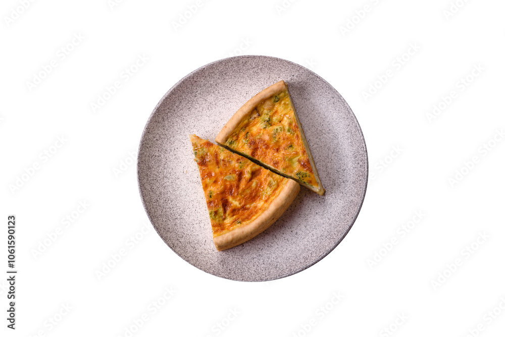 Delicious quiche with broccoli, chicken or salmon and cheese Delicious quiche with broccoli, chicken or salmon and cheese