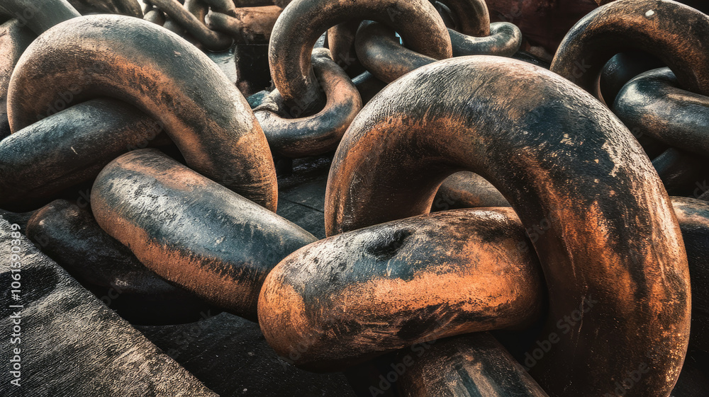 Close-up view of large, weathered metal chains intertwined on a shipping vessel, showcasing their robust texture and industrial charm. Close-up view of large, weathered metal chains intertwined on a shipping vessel, showcasing their robust texture and industrial charm.