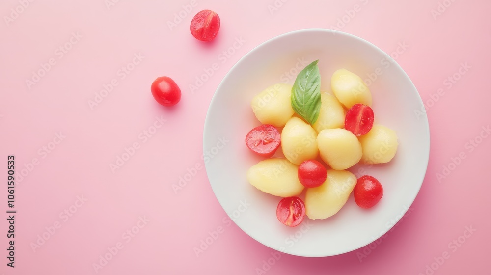 A white plate with gnocchi, cherry tomatoes, and basil leaves on a pink background. A white plate with gnocchi, cherry tomatoes, and basil leaves on a pink background.