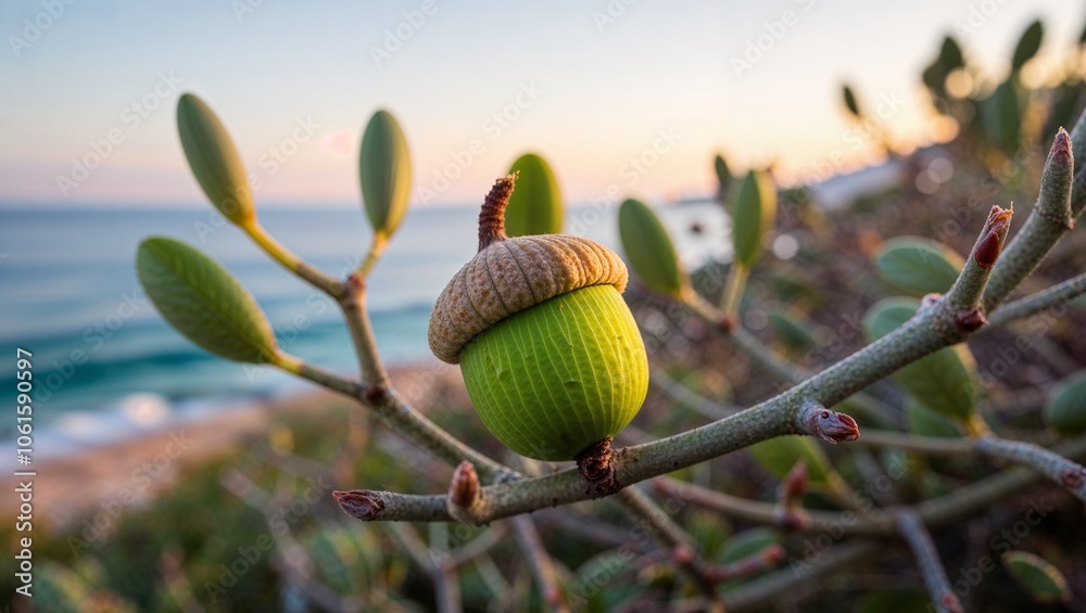 Vibrant Green Young Acorn Remains on a Branch, Perfect for Illustrating Nature's Resilience and Life Cycle Vibrant Green Young Acorn Remains on a Branch, Perfect for Illustrating Nature's Resilience and Life Cycle