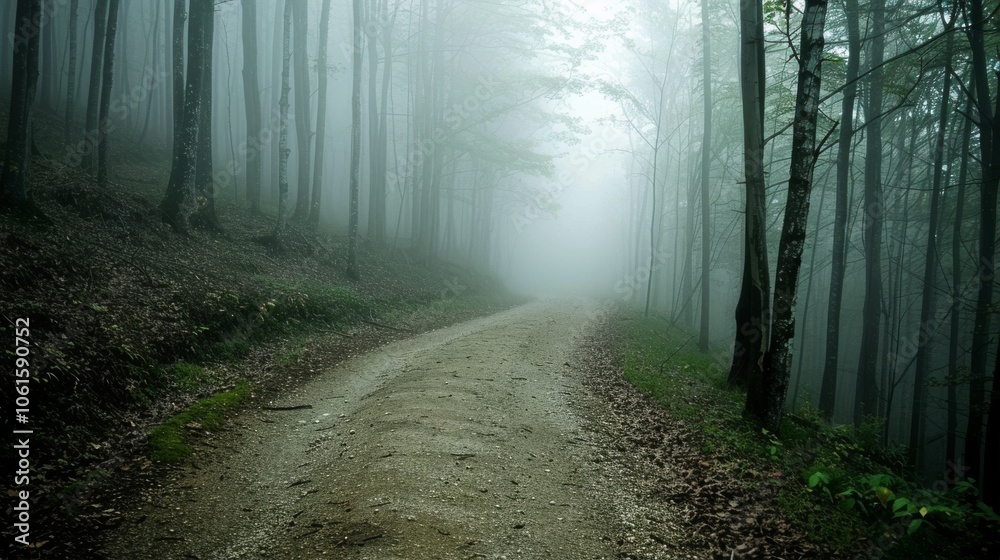 Fototapeta premium A misty forest road curves through towering trees, offering a serene and mysterious escape into nature's lush depths.
