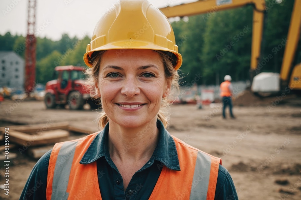 Close portrait of a smiling 40s Polish woman construction worker looking at the camera, Polish outdoors construction site blurred background Close portrait of a smiling 40s Polish woman construction worker looking at the camera, Polish outdoors construction site blurred background
