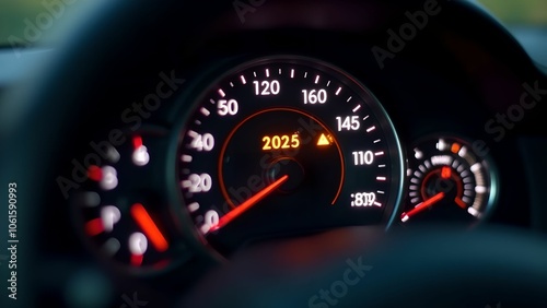 Car speedometer shows "2025". Happy new year concept