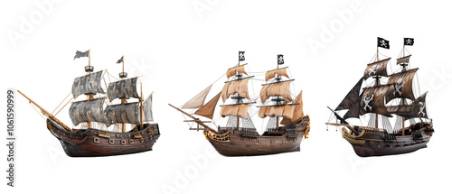 Collection sets of pirate ships, isolated on transparent background.