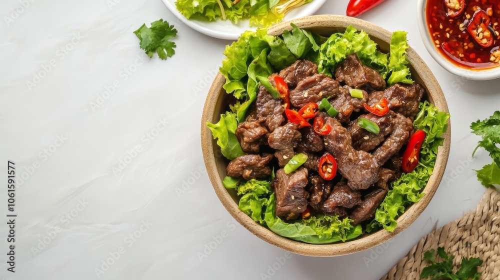 A wooden bowl filled with savory, stir-fried beef cubes, green onions, and red chili peppers resting on top of a bed of lettuce. A wooden bowl filled with savory, stir-fried beef cubes, green onions, and red chili peppers resting on top of a bed of lettuce.