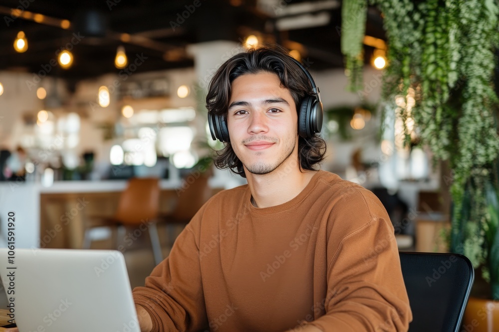 Young Person Working with Wireless Headset in Modern Office Young Person Working with Wireless Headset in Modern Office