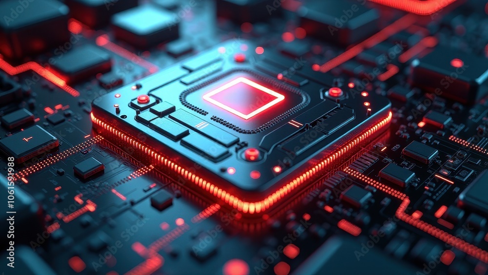 Close-up of dark microchip on circuit board with red lighting Close-up of dark microchip on circuit board with red lighting