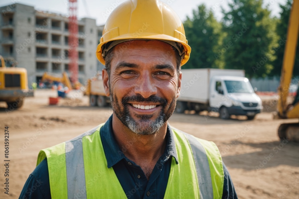Close portrait of a smiling 40s Saint Vincentian man construction worker looking at the camera, Saint Vincentian outdoors construction site blurred background Close portrait of a smiling 40s Saint Vincentian man construction worker looking at the camera, Saint Vincentian outdoors construction site blurred background