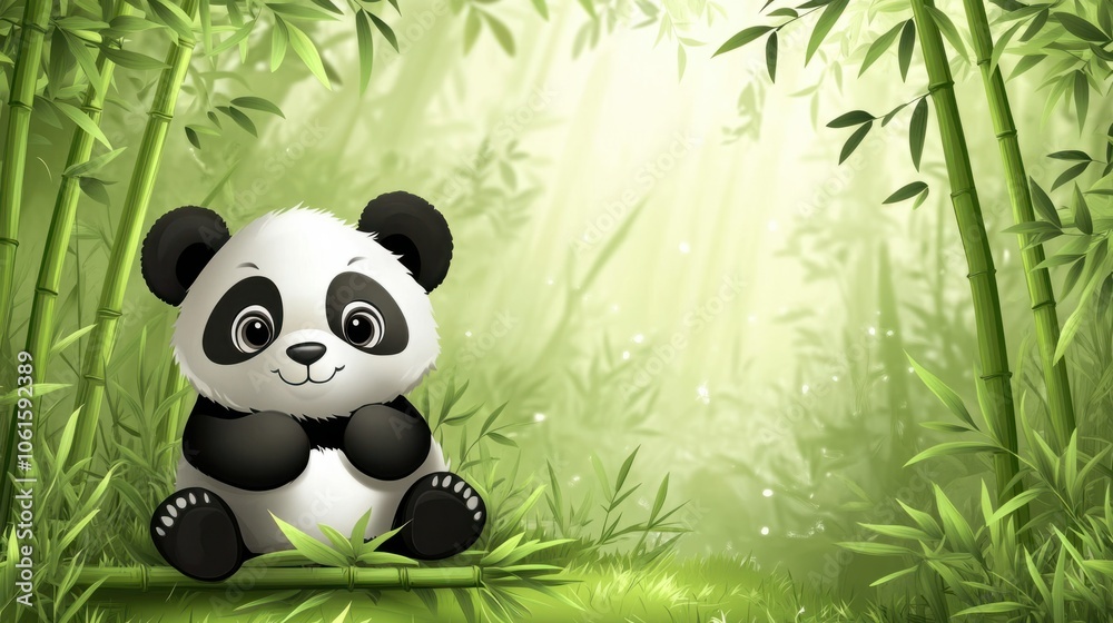 Cute black and white panda cub playing with bamboo shoots, with a lush green forest in the background Cute black and white panda cub playing with bamboo shoots, with a lush green forest in the background