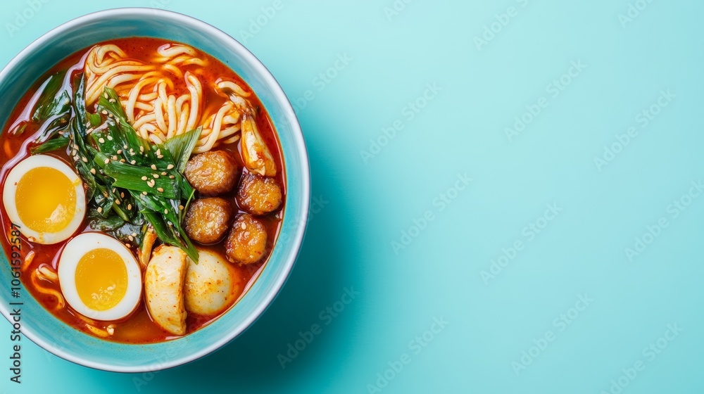 Close-up of a bowl of ramen with eggs, noodles, and vegetables on a blue background. Close-up of a bowl of ramen with eggs, noodles, and vegetables on a blue background.