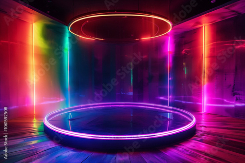 Sci-fi style room dark room with colorful lights. Round / circular room with ring shaped spectrum colored lights around a hologram or teleportation device. wide format.


 photo