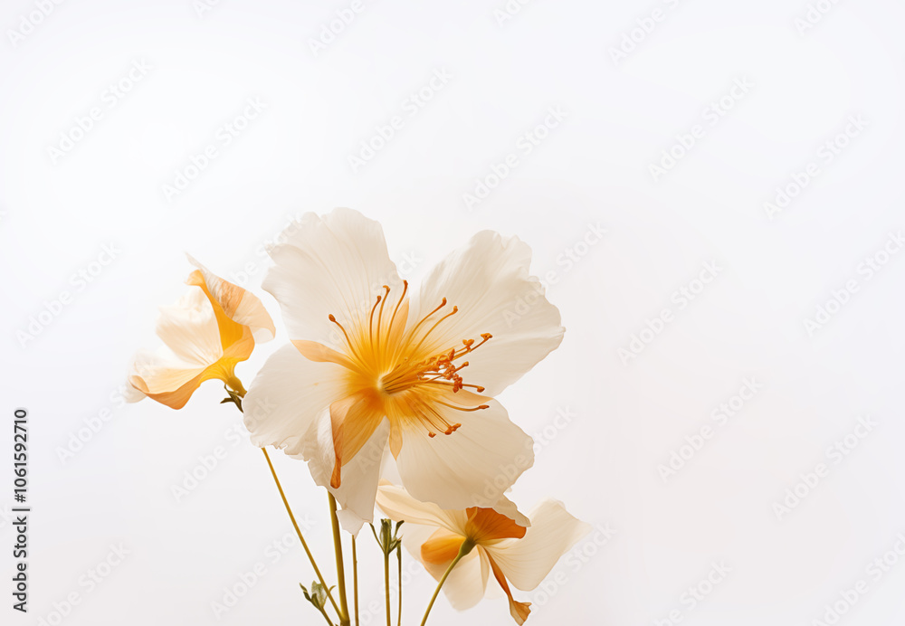 Fototapeta premium A beautiful bouquet of fresh spring colorful pastel flowers, flat lay on a white background. Text space available for beautiful fresh and dry flowers on a white background in a flat lay.