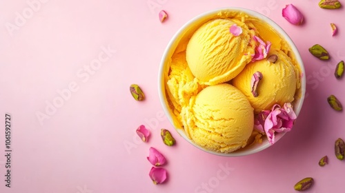 Close-up of a bowl of yellow ice cream with pistachios and pink flower petals on a pink background.