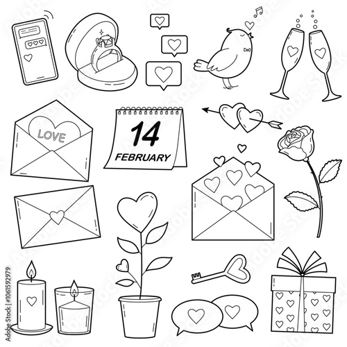 Love theme romance, February 14, Valentine's Day.  Elements set. Different romantic objects. Outline illustration, isolated on white background, design elements or page of children's coloring book	