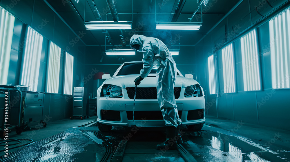 Worker Painting a Car: A worker painting a white car in a specialized garage, wearing protective gear and a suit to ensure a high-quality finish. Worker Painting a Car: A worker painting a white car in a specialized garage, wearing protective gear and a suit to ensure a high-quality finish.