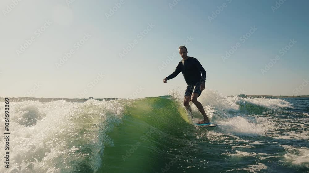 Wakeboarding behind a motor boat on the water surface. An athlete performs tricks while balancing on a board. The scene conveys the dynamics, speed and adrenaline of water extreme sports Wakeboarding behind a motor boat on the water surface. An athlete performs tricks while balancing on a board. The scene conveys the dynamics, speed and adrenaline of water extreme sports