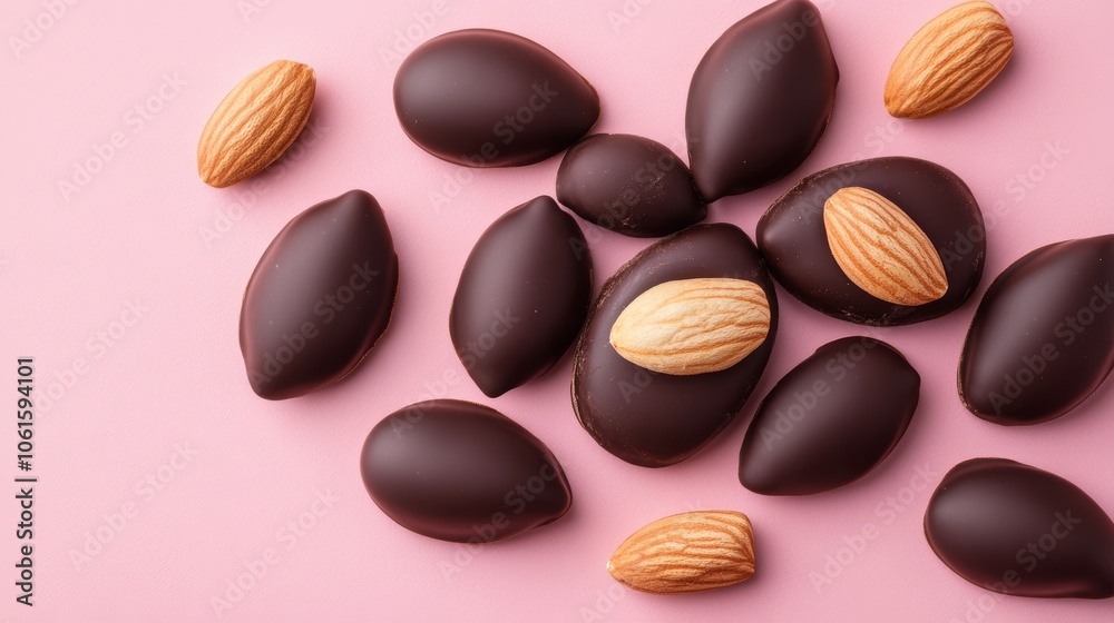 Close-up shot of dark chocolate candies with almonds on top, scattered on pink background. Close-up shot of dark chocolate candies with almonds on top, scattered on pink background.