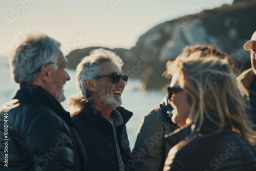 Group of senior friends walking and talking together on the beach at sunset. photo