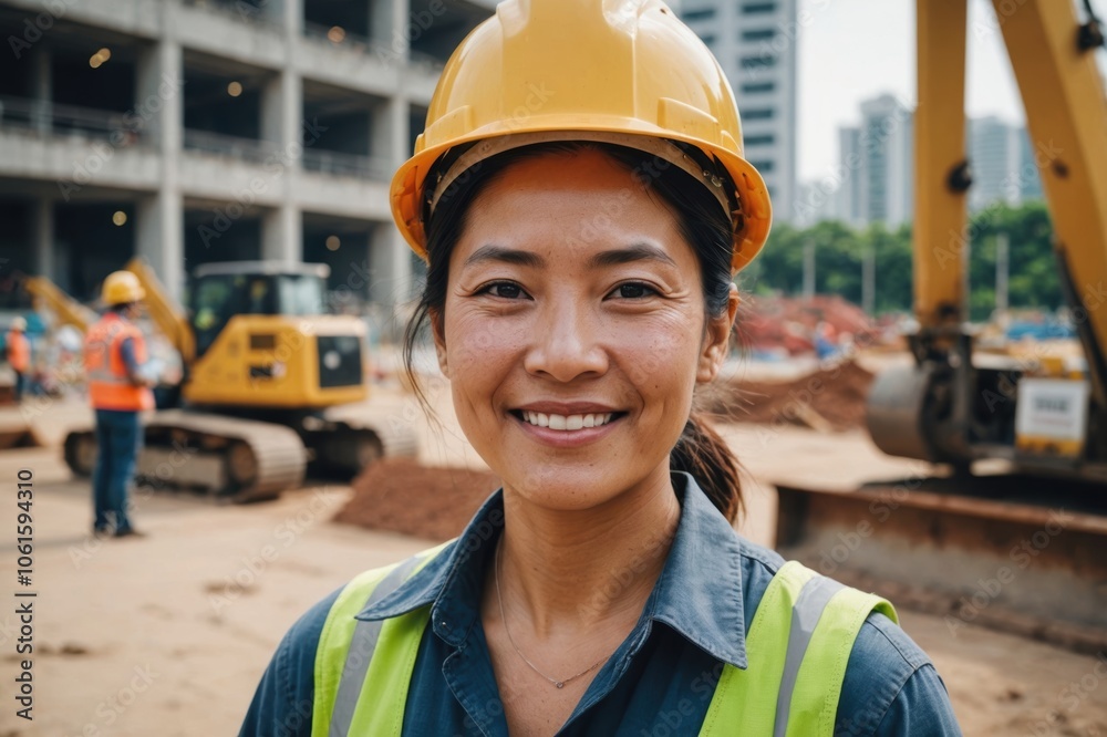 Close portrait of a smiling 40s Singaporean woman construction worker looking at the camera, Singaporean outdoors construction site blurred background
