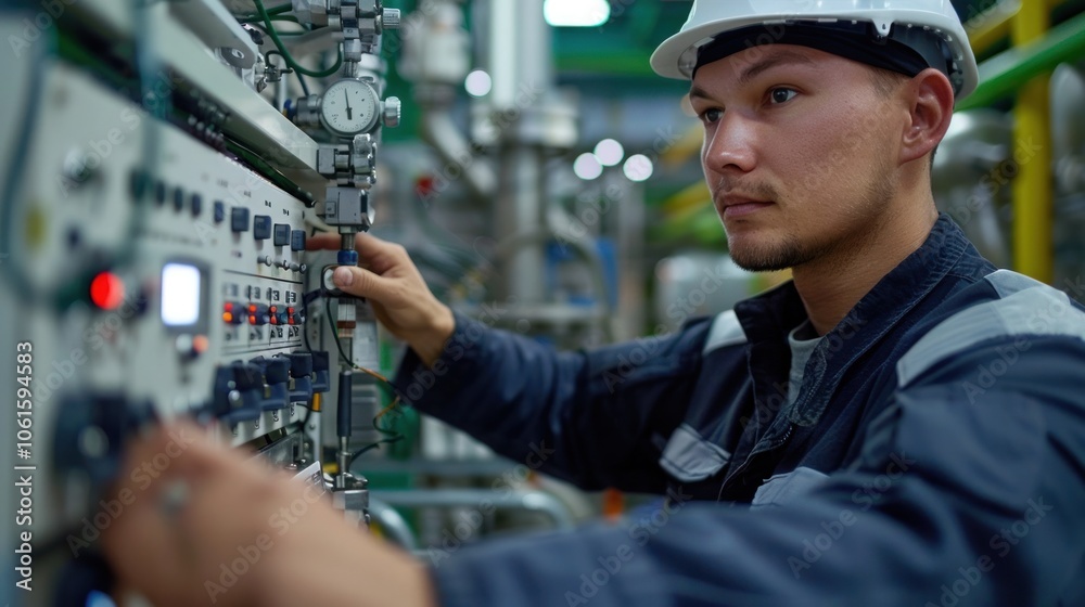 Skilled factory worker wearing protective uniform and hardhat inspecting and servicing an industrial electrical control panel with various switches wiring Skilled factory worker wearing protective uniform and hardhat inspecting and servicing an industrial electrical control panel with various switches wiring