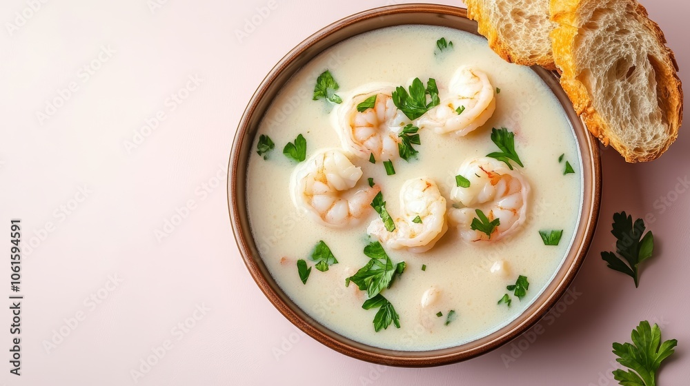 Creamy shrimp soup with fresh parsley and bread on a pink background. Creamy shrimp soup with fresh parsley and bread on a pink background.