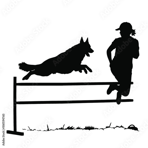 A silhouette of a person jumping over a hurdle, with a dog silhouette next to them